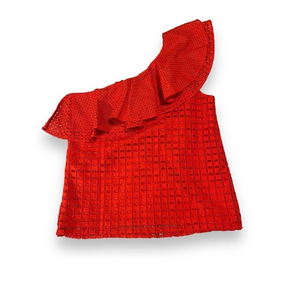J. Crew Eyelet One Shoulder Ruffle Lined Top Blouse Women's Bright Orange 00 - Picture 4 of 12